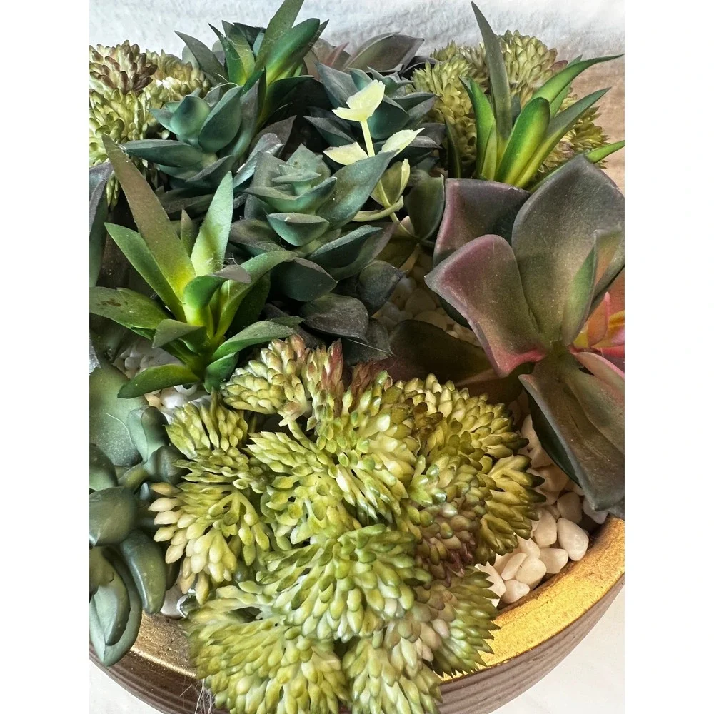 Artificial Succulent‎ Arrangement in Gold Metallic Ceramic Bowl Faux Centerpiece